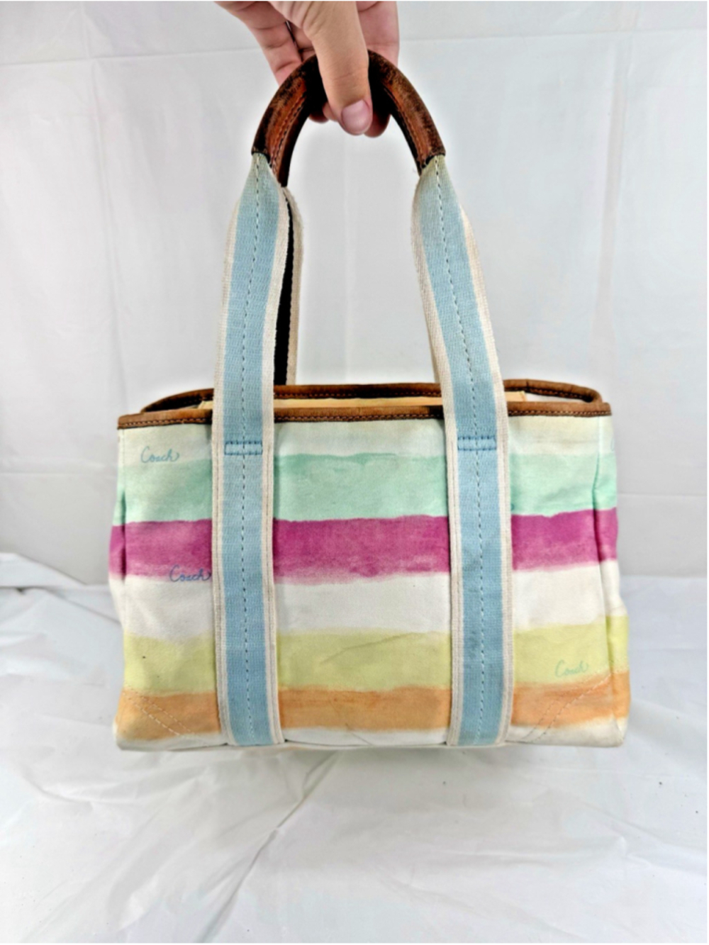 Vintage Coach Hamptons Y2K Watercolor Pastel Stripes Tote - Picture 3 of 16